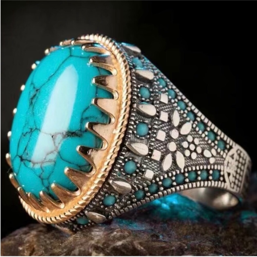 Men's Turquoise Rhinestone Stainless Steel Ring Retro Gift Dad Brother Birthday